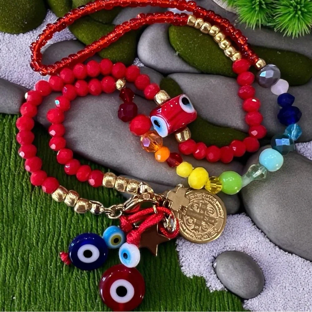 Vibrant Red Hand Beaded Rainbow and Evil Eye Protection Necklace 16”